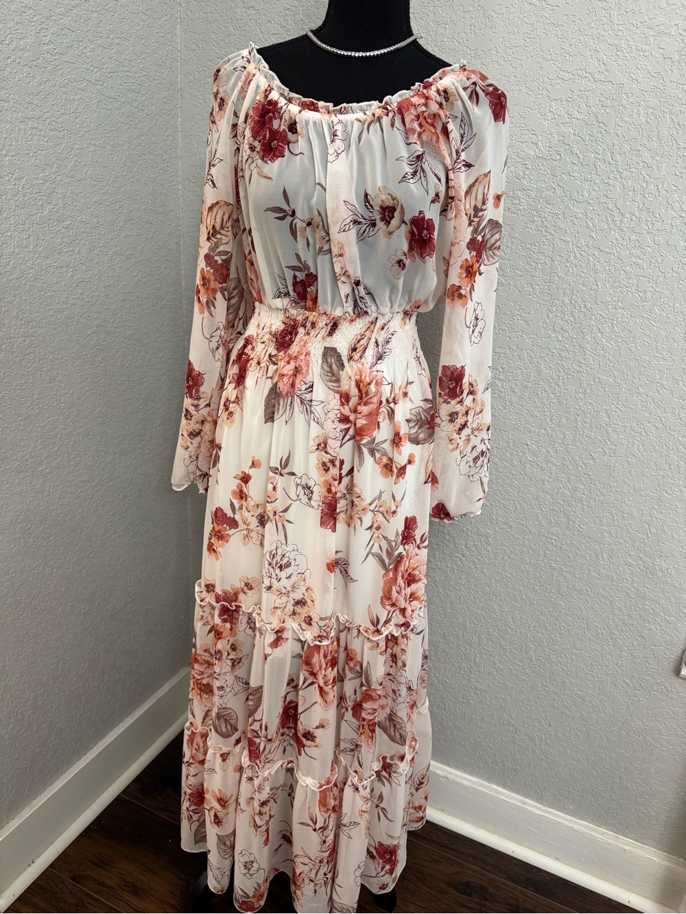 Kate and Lily Boho Floral Off-Shoulder Maxi Dress with Elastic Waistband